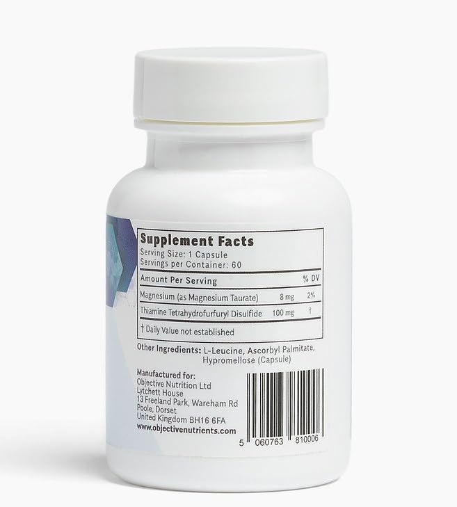 Objective Nutrients Thiamax B1 bottle label highlights magnesium complex and absorption