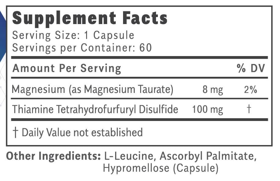 Objective Nutrients Thiamax capsules close-up shows 100 mg per active ingredient