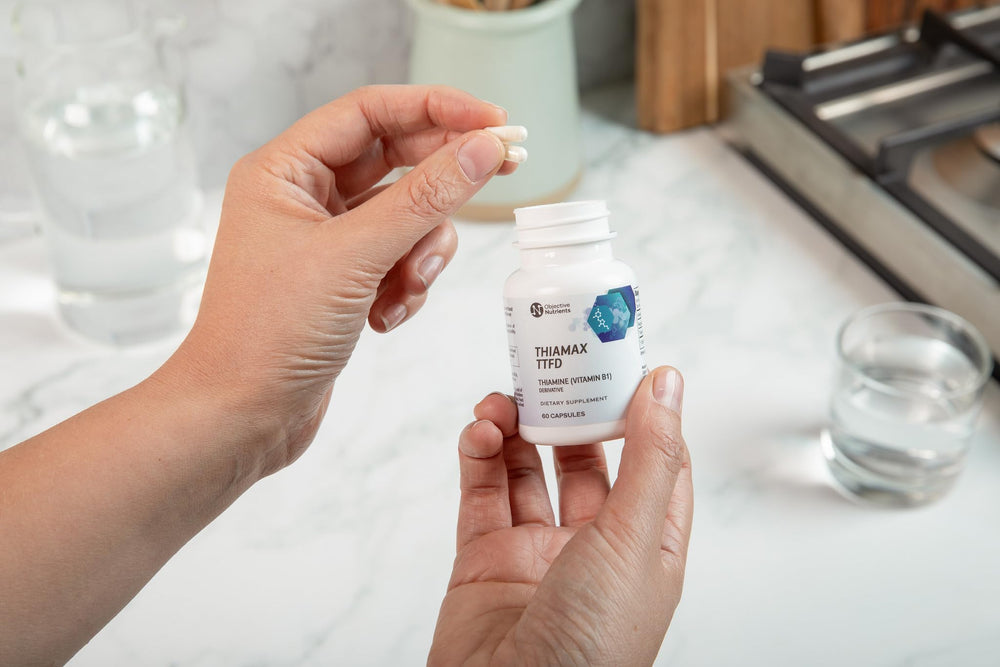 Objective Nutrients Thiamax packaging demonstrates small, easy-to-swallow capsules
