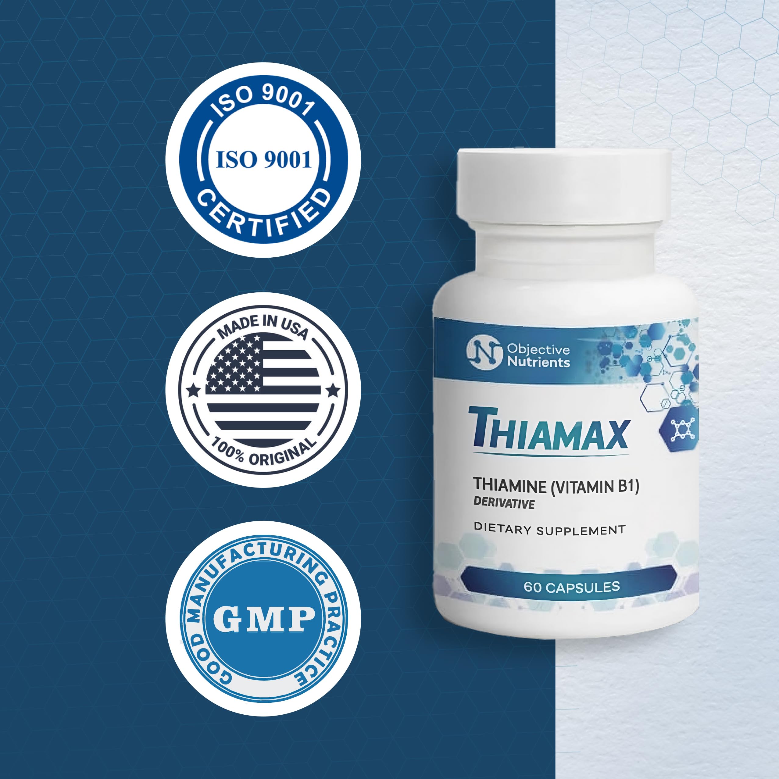 Objective Nutrients Thiamax made in USA badge reinforces purity and non-GMO ingredients