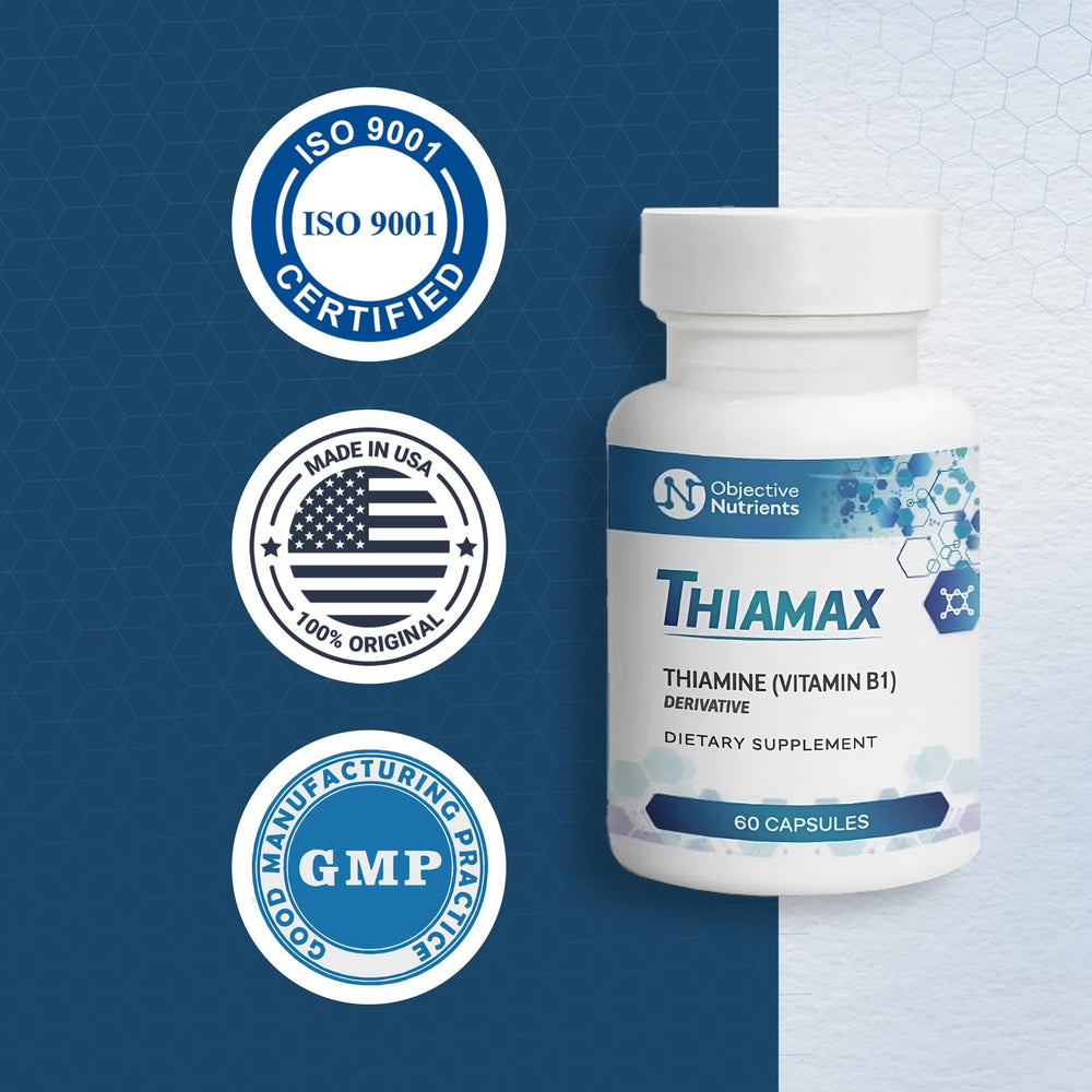 Objective Nutrients Thiamax made in USA badge reinforces purity and non-GMO ingredients