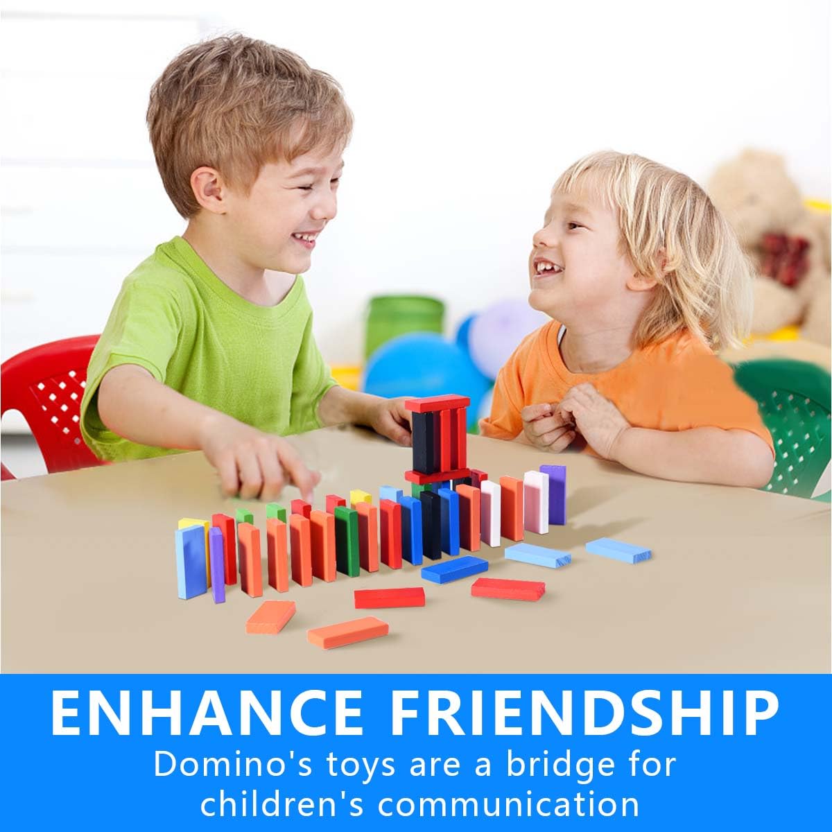 OBTANIM domino chain reaction visuals encourage observation and sequencing skills.
