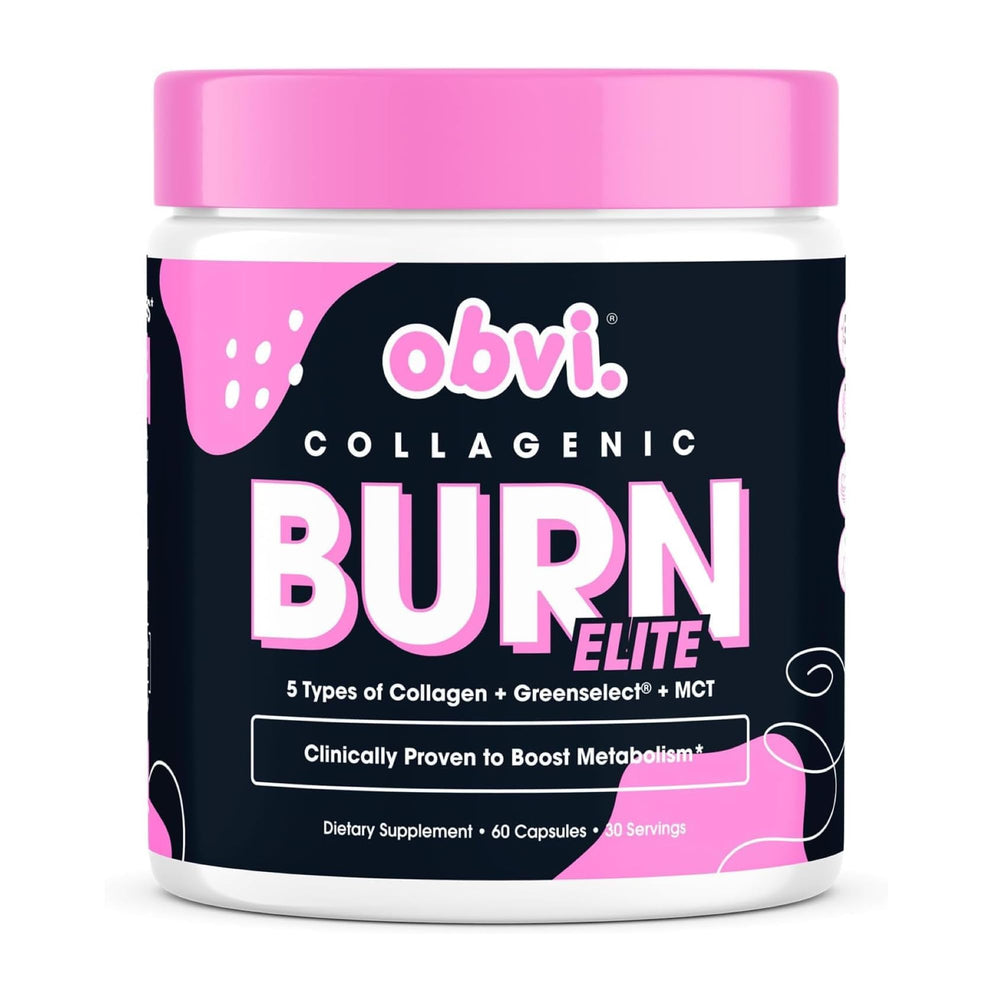 Obvi Burn Elite bottle front showing capsules for daily energy and focus.