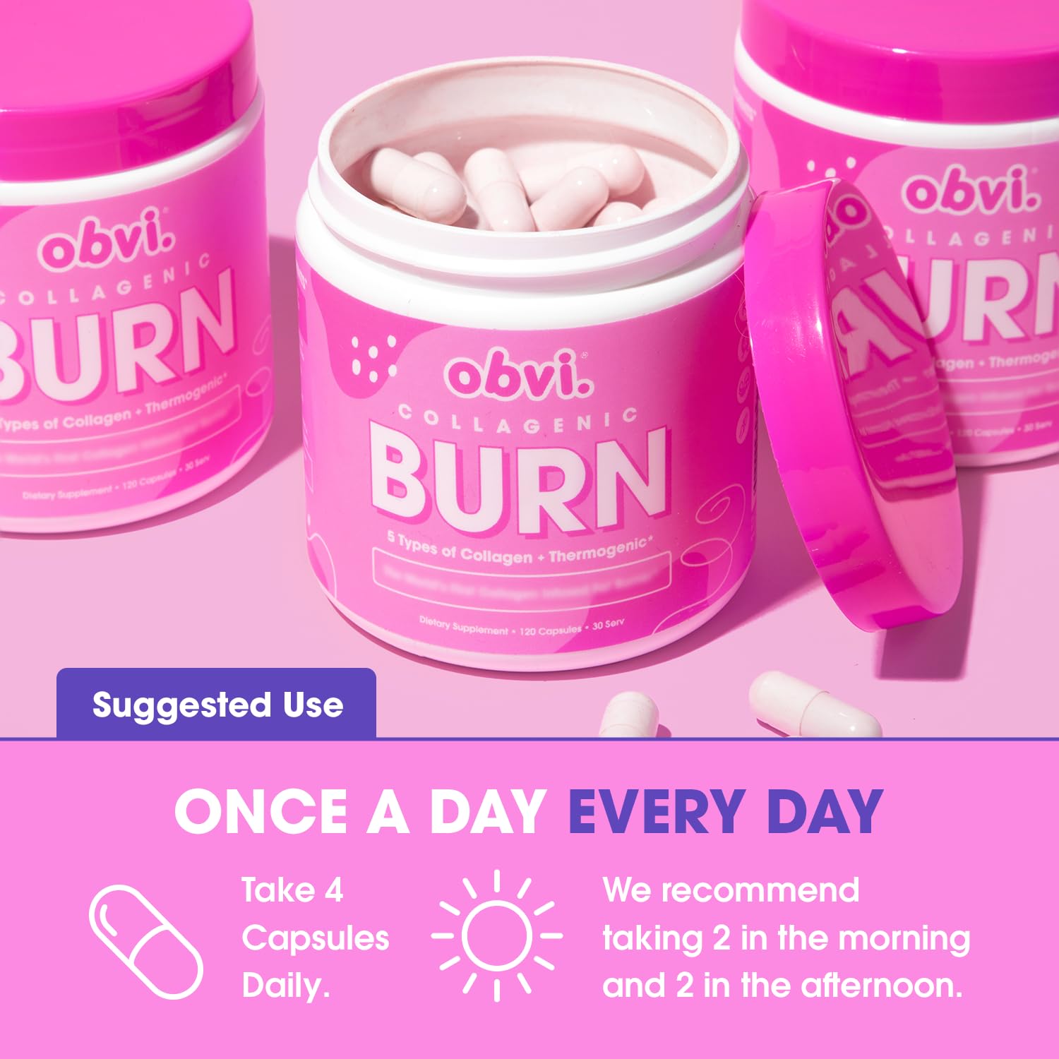 Obvi Collagenic Burn packaging showcases B12 and Biotin for vitality.