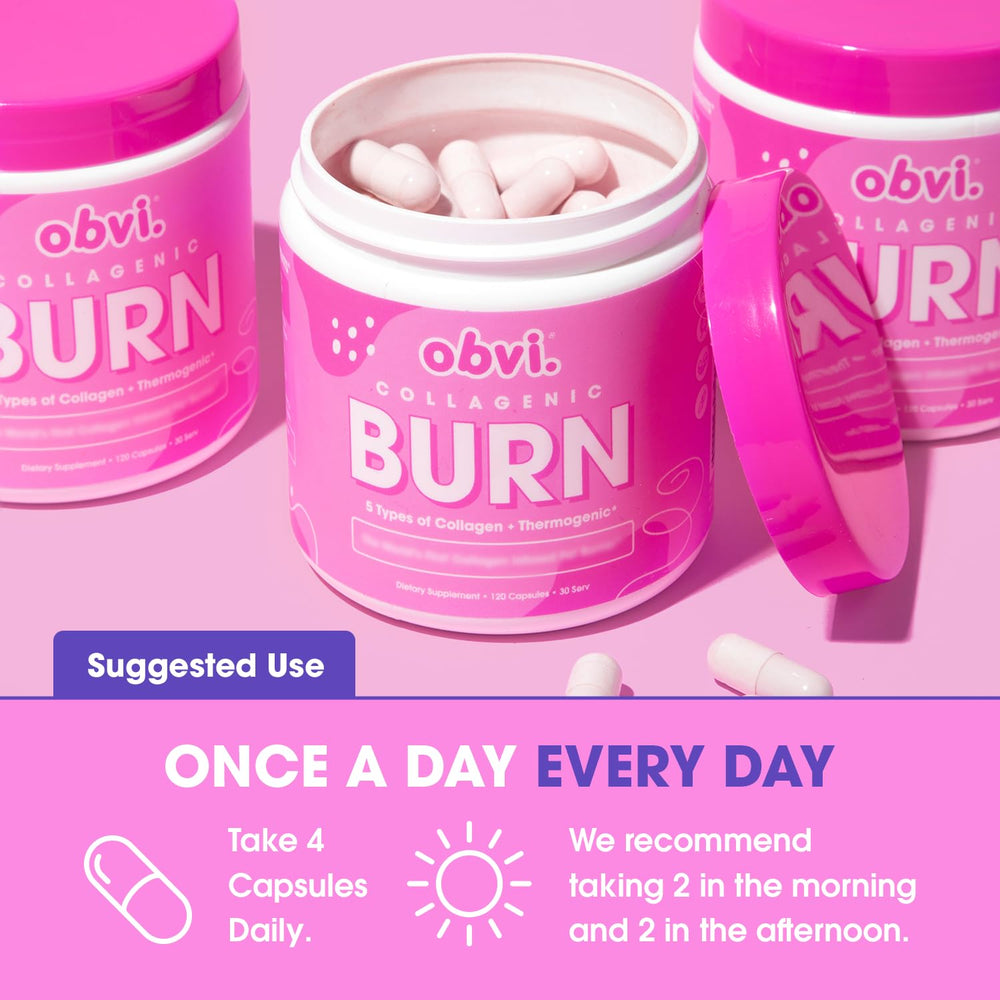Obvi Collagenic Burn packaging showcases B12 and Biotin for vitality.