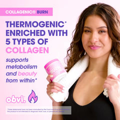 Obvi Collagenic Burn capsules close-up highlighting convenient daily capsules.