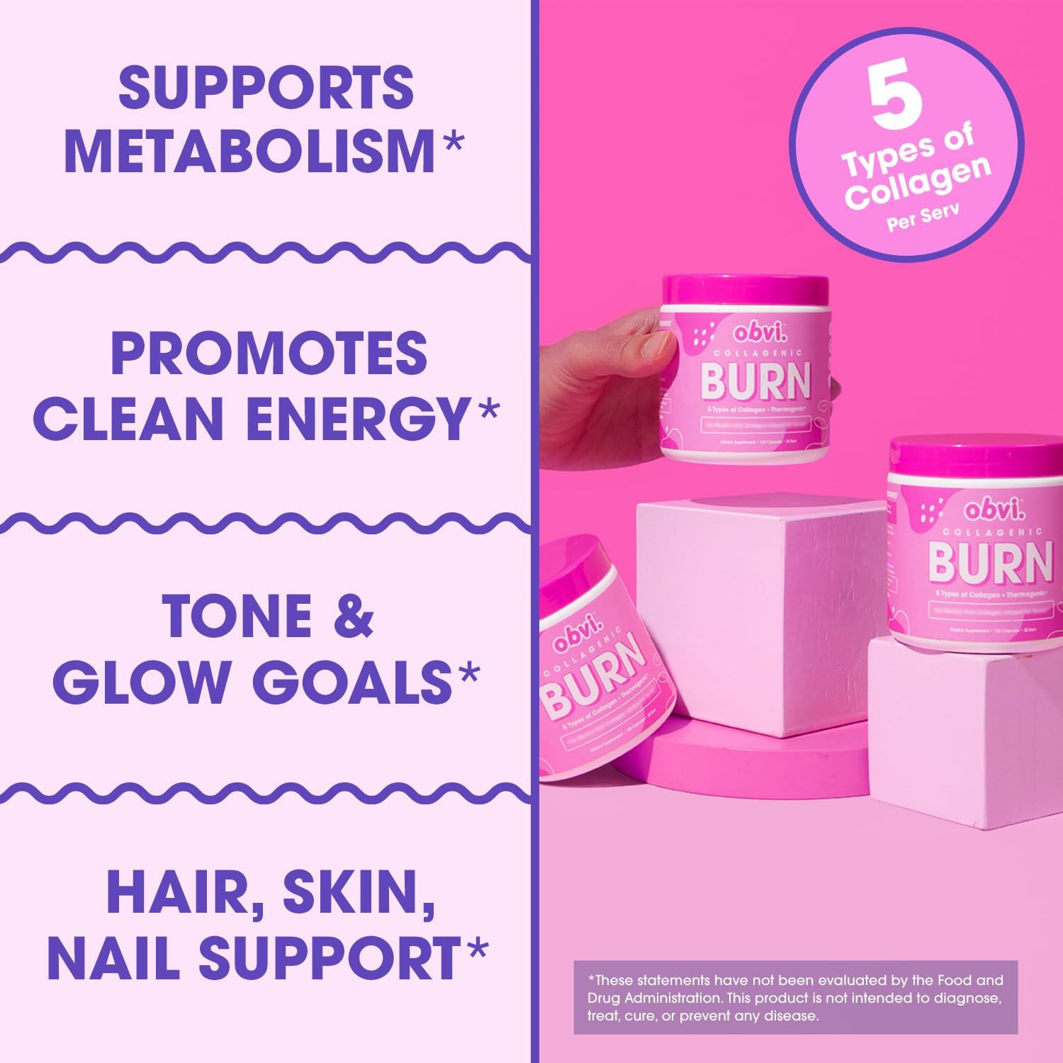 Obvi Collagenic Burn green tea extract detail highlighting metabolism support and natural caffeine.