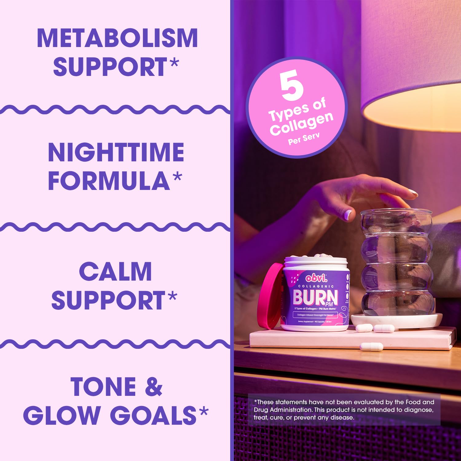 Label of Obvi Collagenic Burn PM highlighting ingredients for overnight support