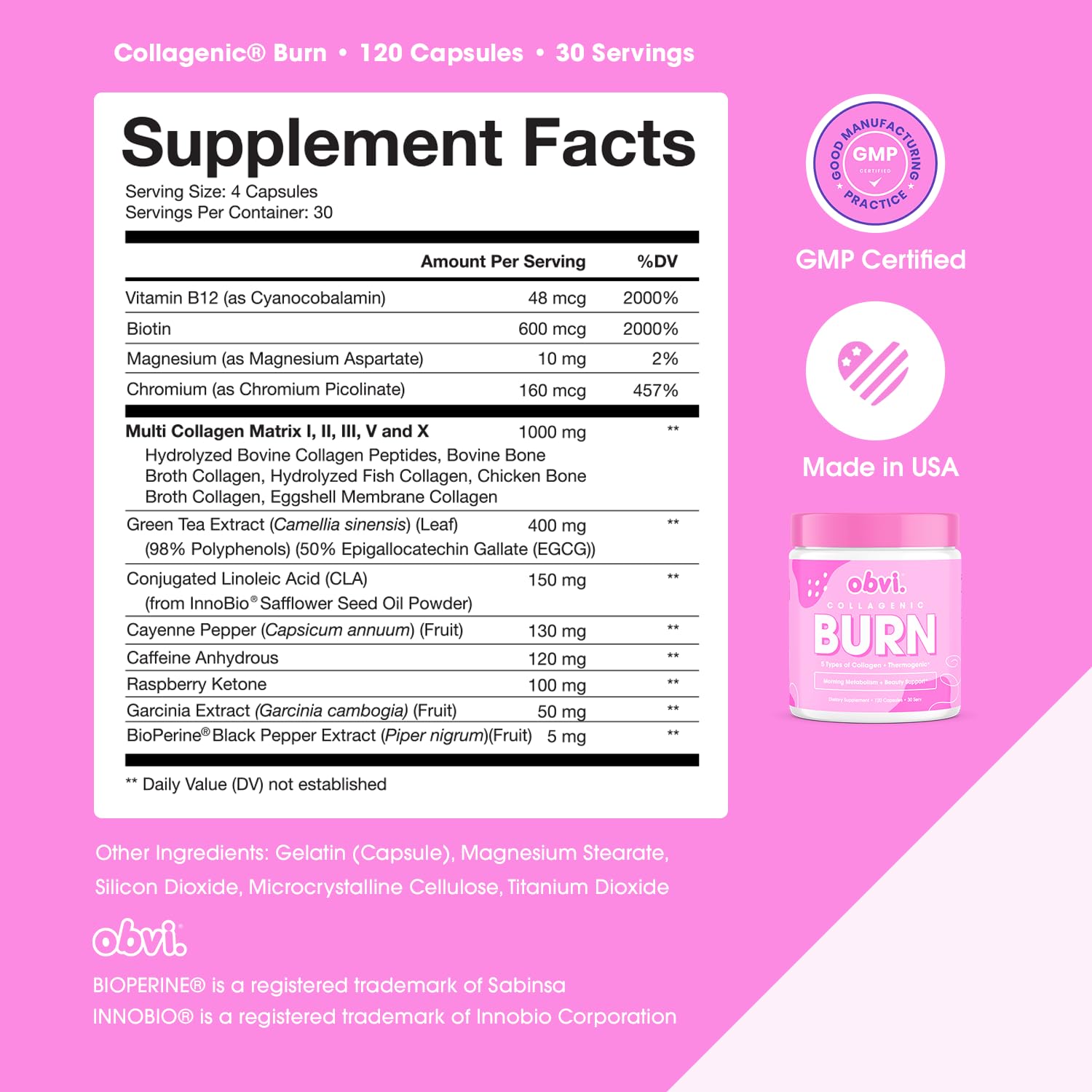 Obvi Collagenic Burn label featuring cGMP facility and third-party testing.