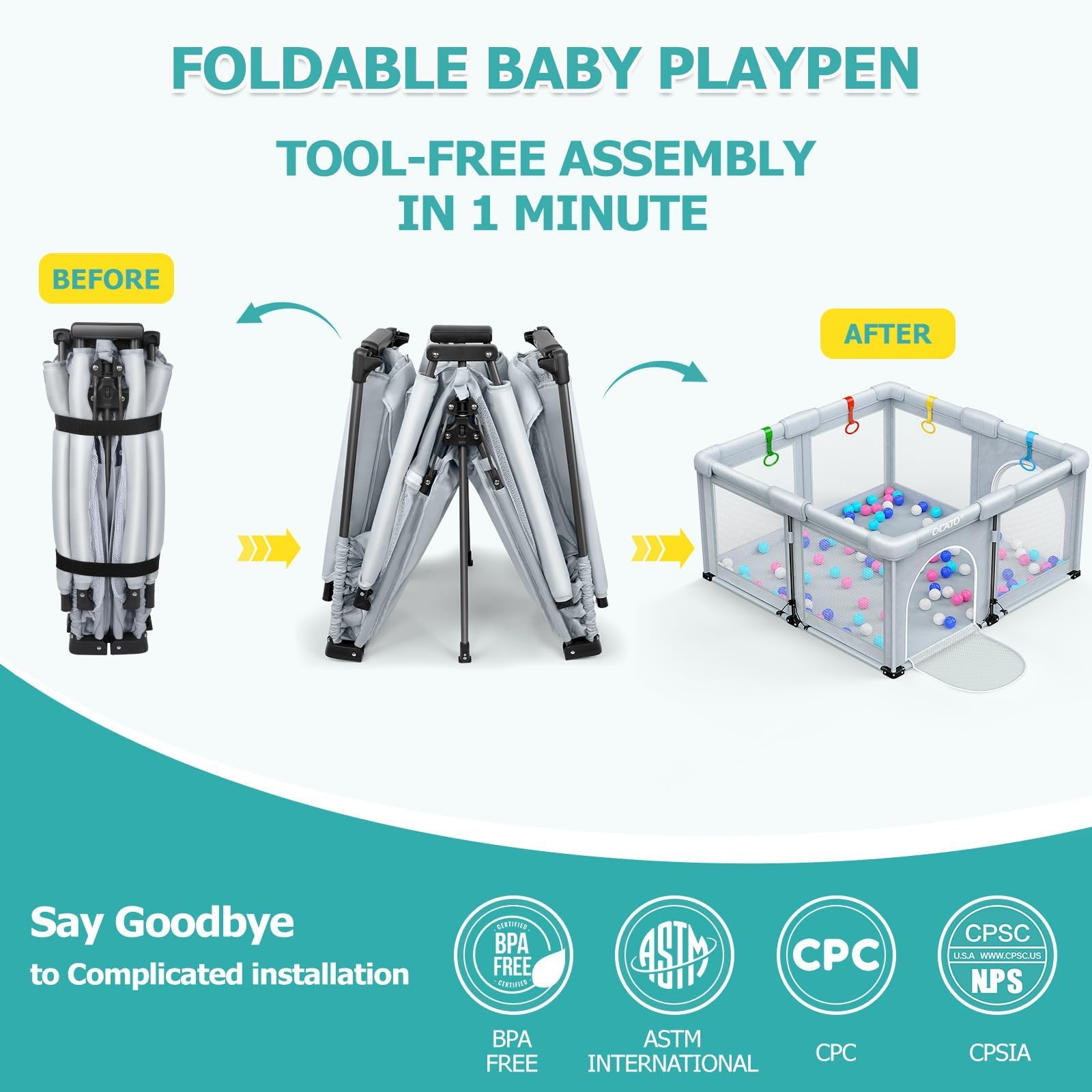 OCATO baby playpen setup shows quick assembly for busy parents