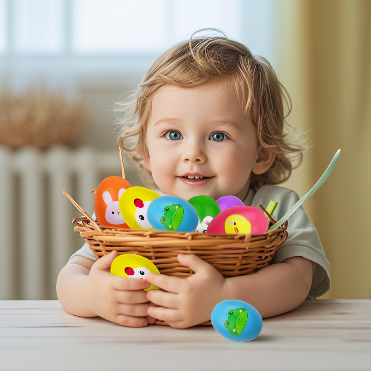 OCBTOW child-safe wooden egg shaker with easy grip for little hands.