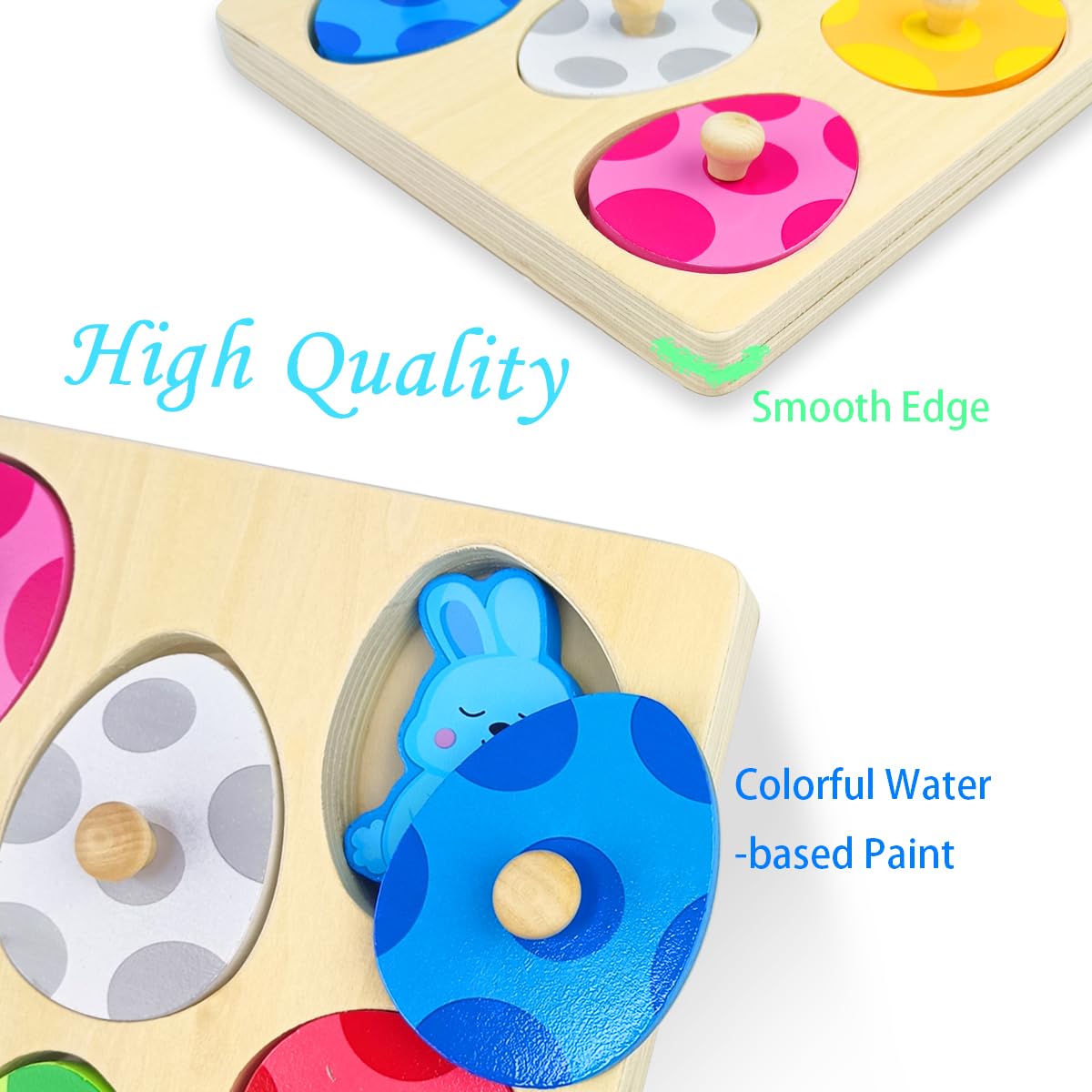 OCBTOW Easter pegged puzzle eggs have safe knobs for easy grasp