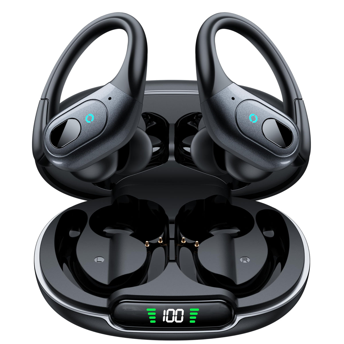 Occiam ANC earbuds in charging case showing easy USB-C recharge for long listening