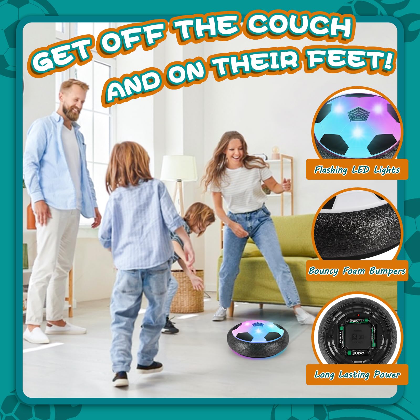 Ocditikl hover soccer ball indoor-field setup for family fun.