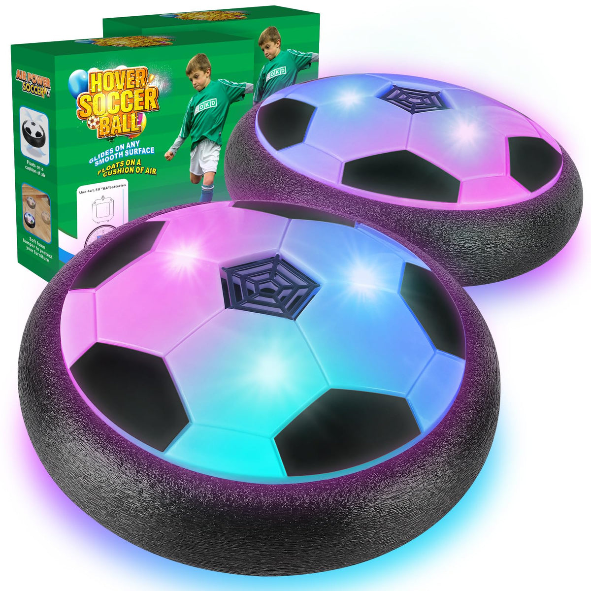 Ocditikl hover soccer ball with LED lights glowing for indoor play.