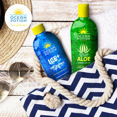 Ocean Potion Cooling After Sun Gel being applied, menthol and aloe soothe warmth
