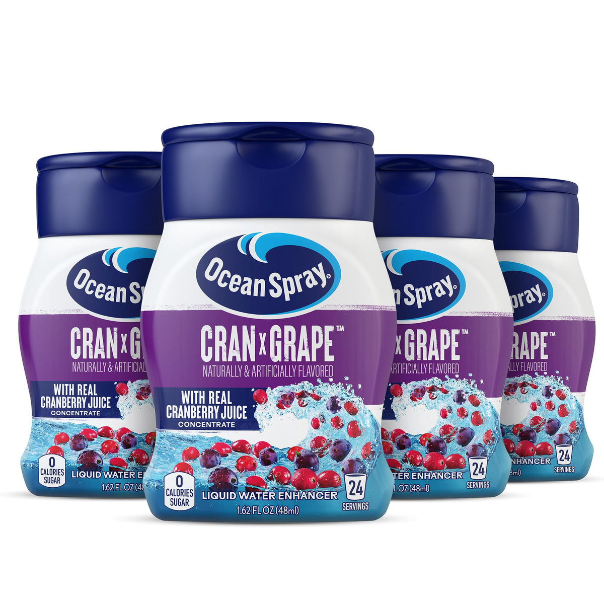Ocean Spray Cran-Grape bottle pouring, highlighting zero sugar and real juice flavor.