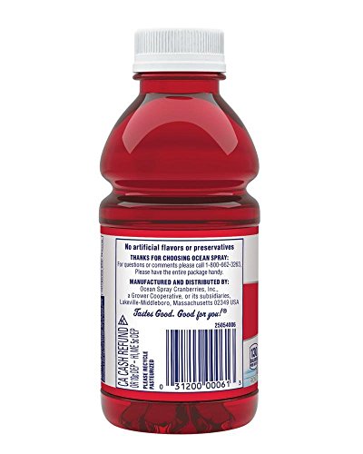 Close-up of Ocean Spray Cranberry Cocktail label, emphasizing real juice content