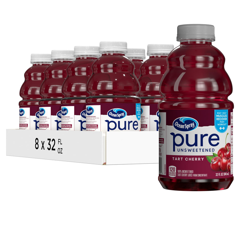 Ocean Spray Pure Unsweetened Tart Cherry Juice bottle highlighting bold, pure cherry flavor for a refreshing sip.