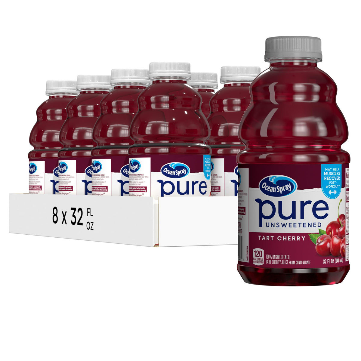 Ocean Spray Pure Unsweetened Tart Cherry Juice bottle highlighting bold, pure cherry flavor for a refreshing sip.