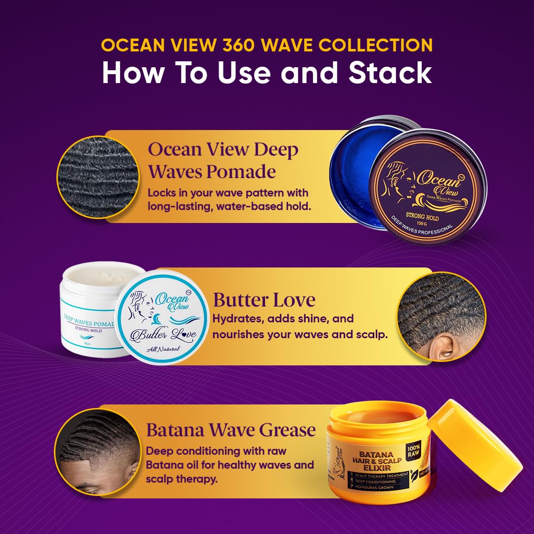 Ocean View Deep Waves Pomade bottle stand suggests convenient storage for daily use.