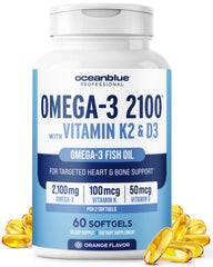 Oceanblue Omega-3 2100 bottle with capsules for heart and immune support