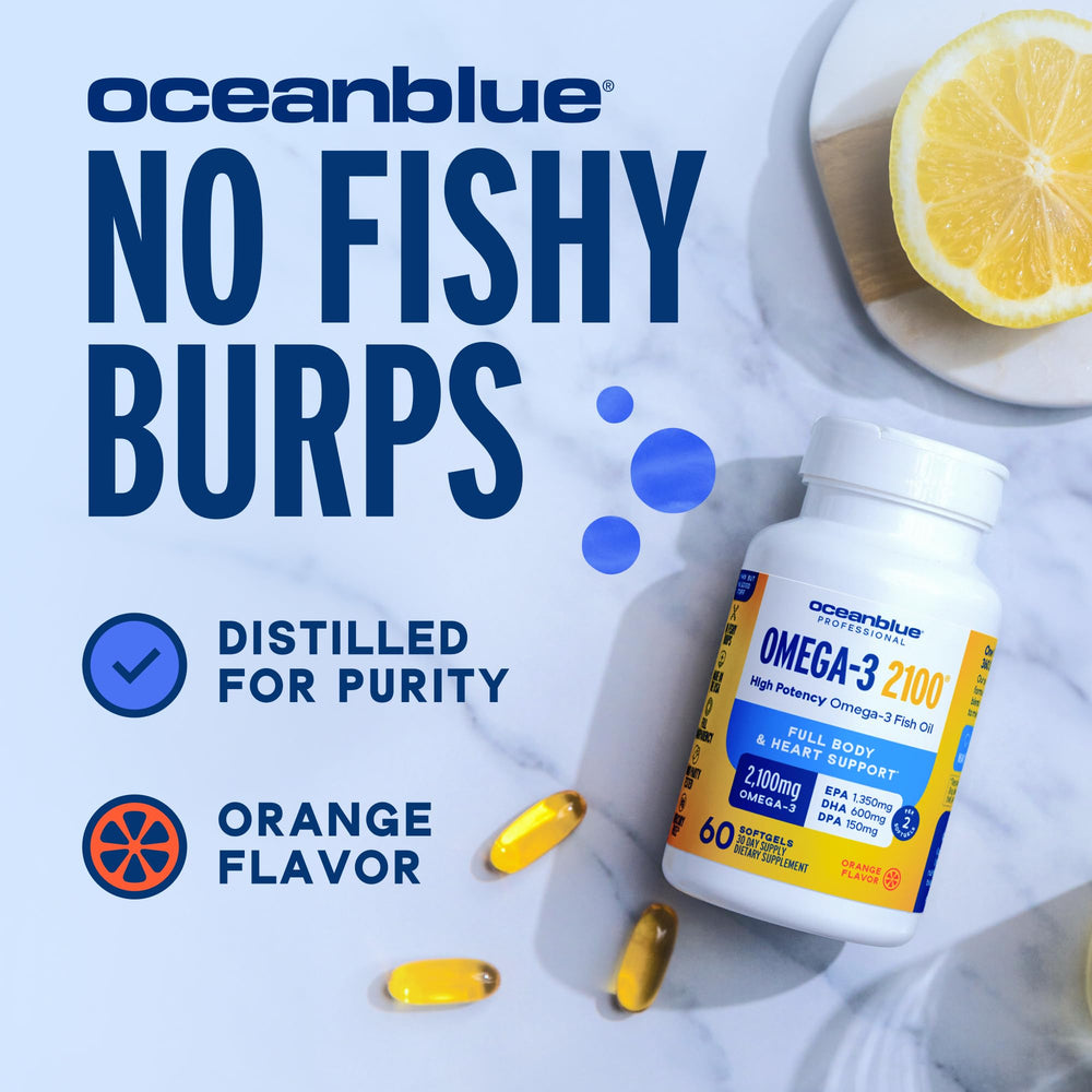 Oceanblue Omega-3 2100 sustainability seal emphasizes responsible sourcing.