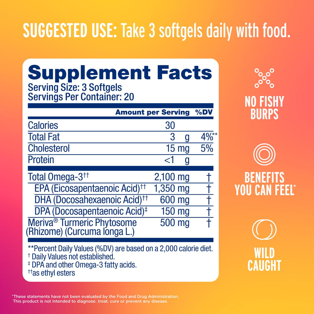 Oceanblue omega-3 turmeric softgels with orange flavor for burpless daily use