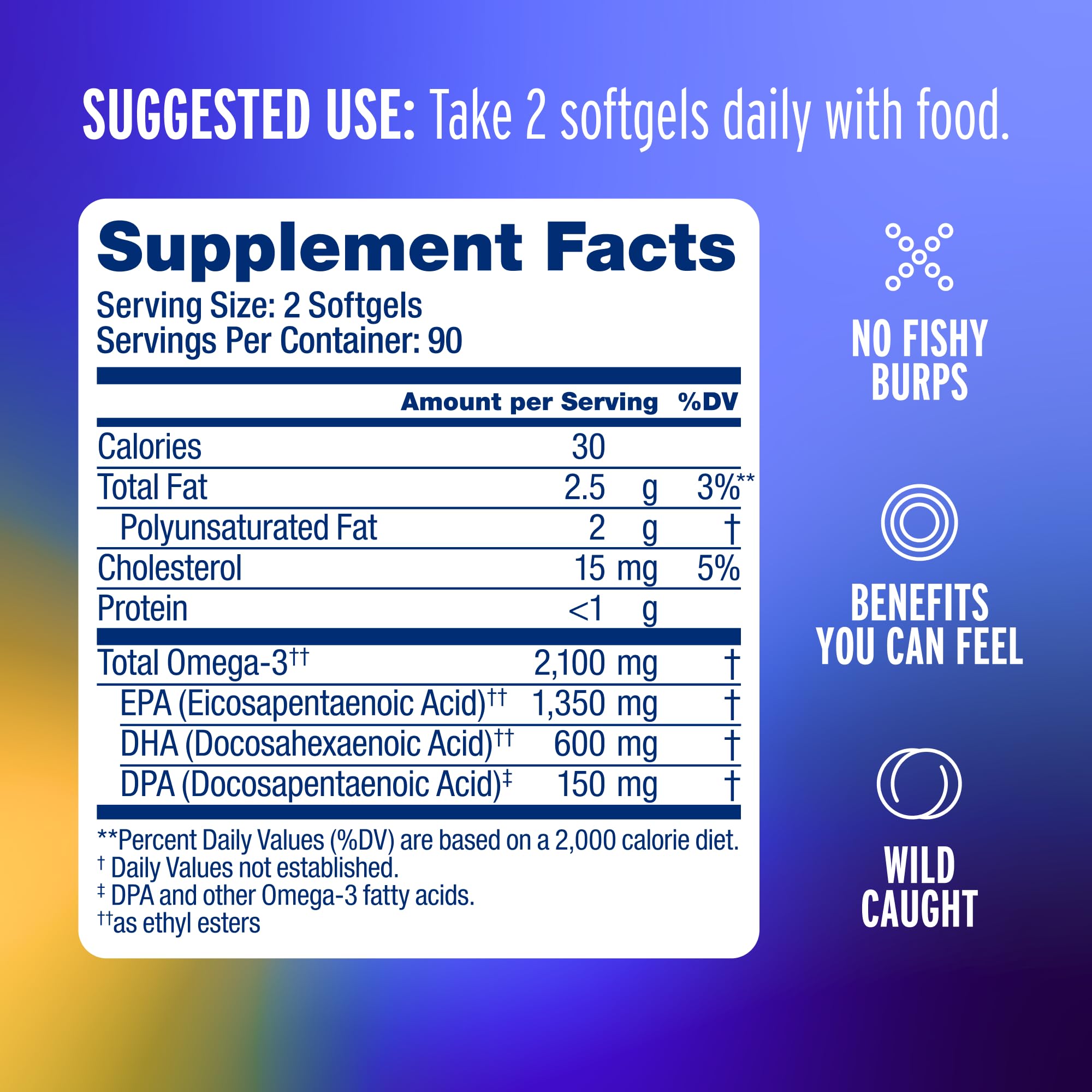 Oceanblue Omega-3 2100 bottle side view with orange flavor label clearly visible.