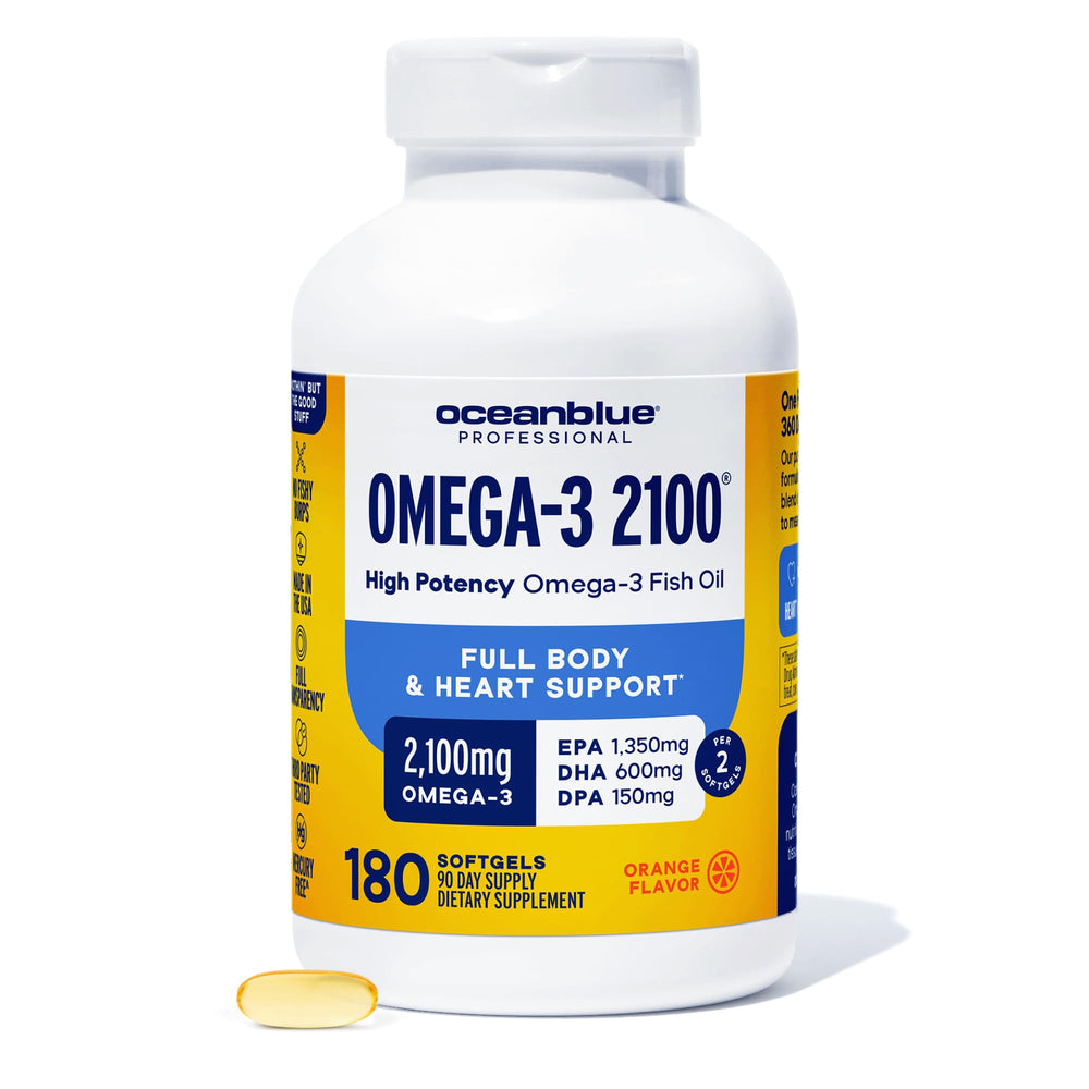 Oceanblue Omega-3 2100 bottle front view showcases triple-strength formula for high-potency intake.