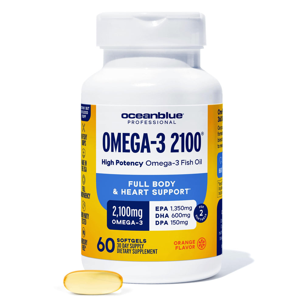 Oceanblue Omega-3 2100mg bottle highlighting high-potency EPA/DHA/DPA for daily support.