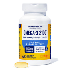 Oceanblue Omega-3 2100mg bottle highlighting high-potency EPA/DHA/DPA for daily support.