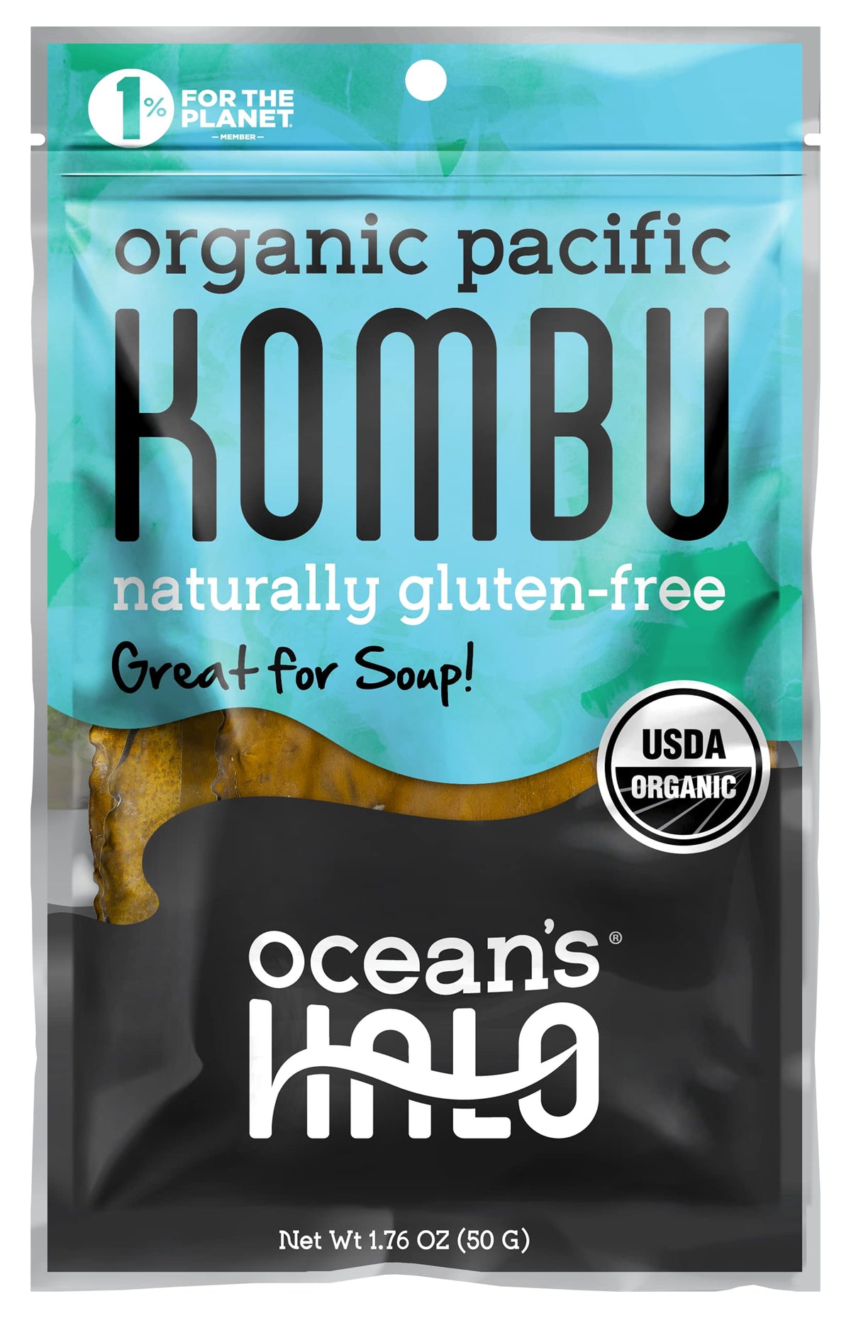 Ocean's Halo Organic Kombu packaging closeup for clean-label flavor base.