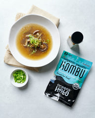 Kombu simmering into a rich stock with Ocean's Halo Organic Kombu.