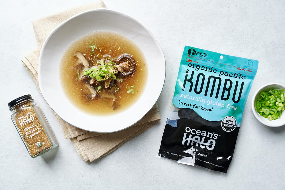 Soaking Ocean's Halo Organic Kombu to rehydrate and release natural umami.