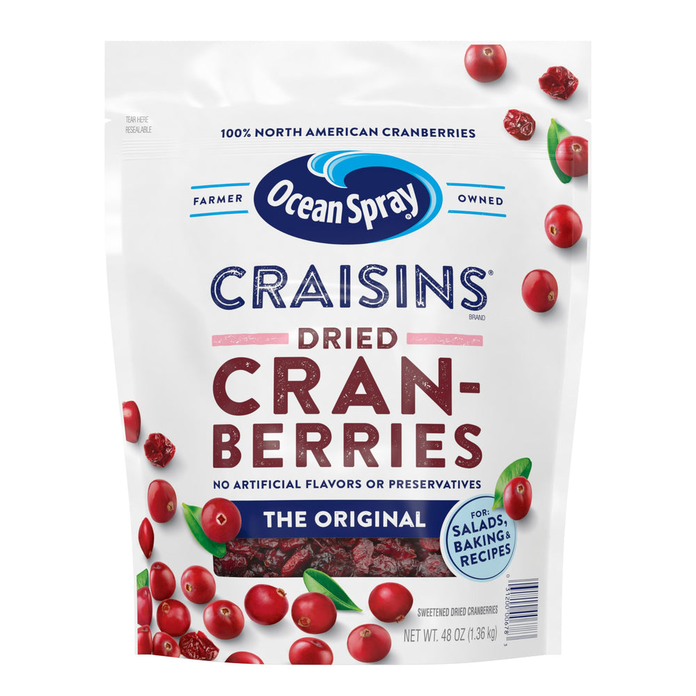 Ocean Spray Craisins Original dried cranberries bag viewed front for pantry snacking.