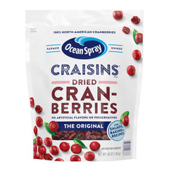 Ocean Spray Craisins Original dried cranberries bag viewed front for pantry snacking.