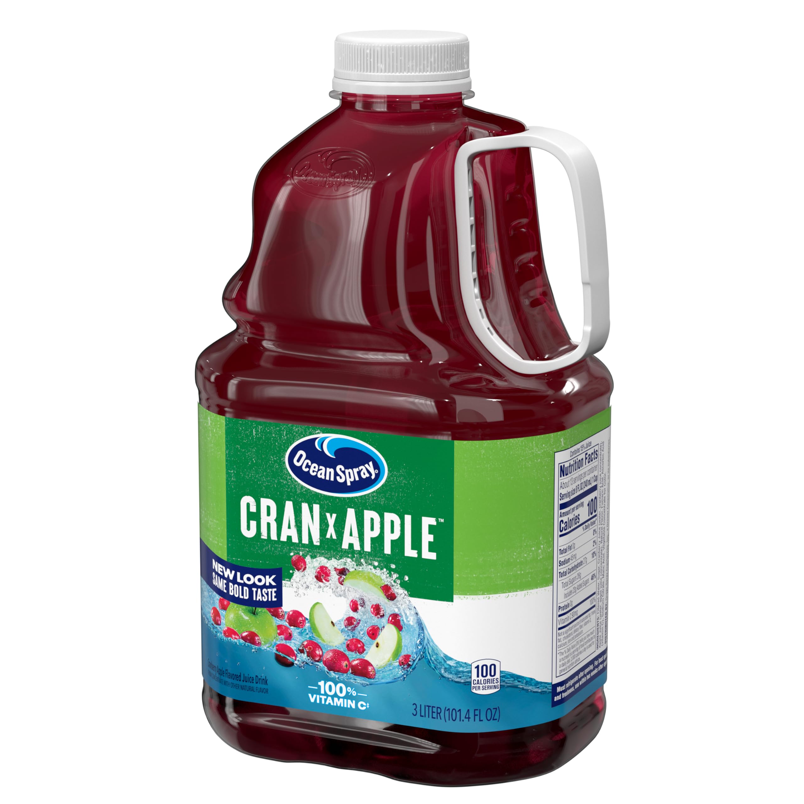 Close-up of Ocean Spray Cran-Apple bottle emphasizing bold taste.