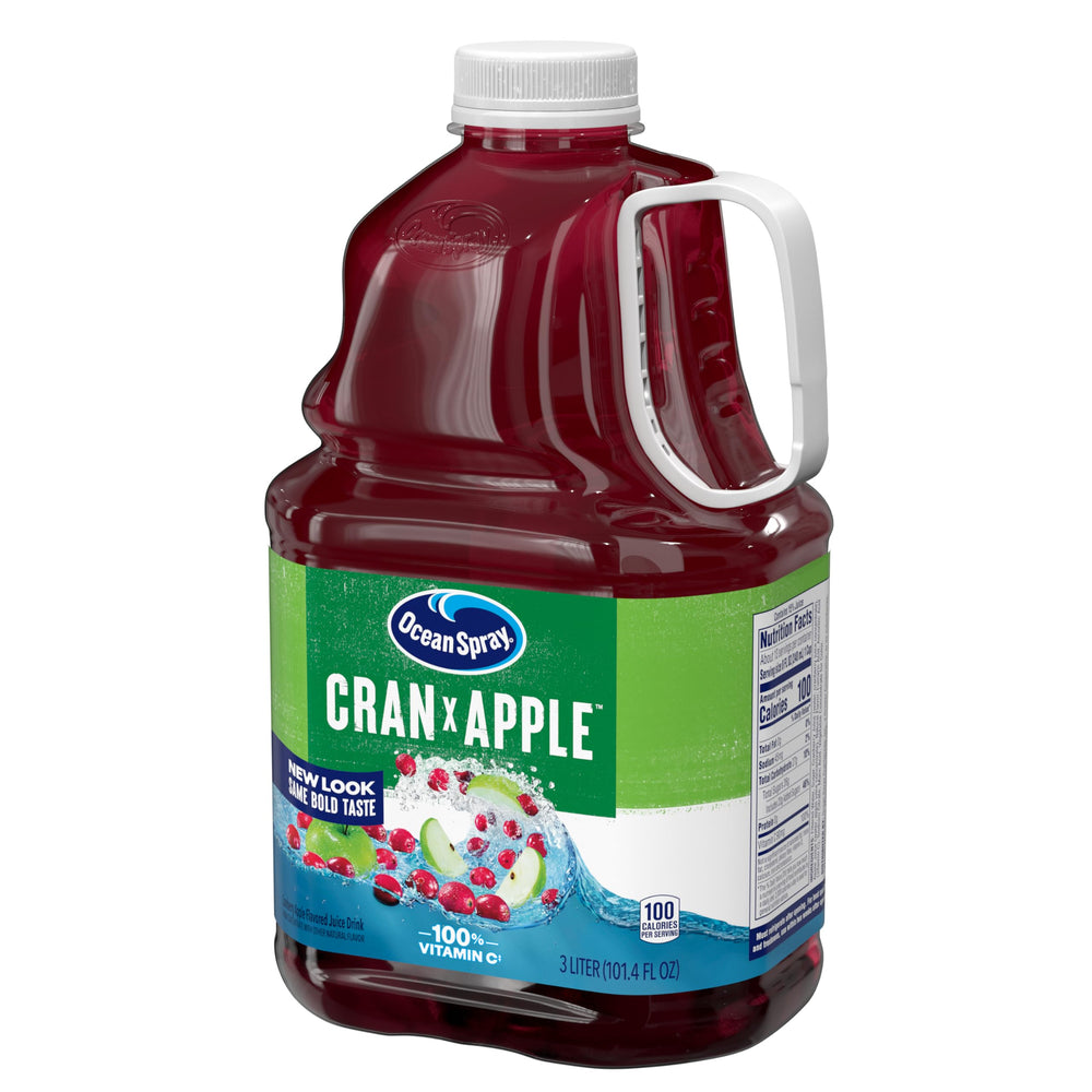 Close-up of Ocean Spray Cran-Apple bottle emphasizing bold taste.