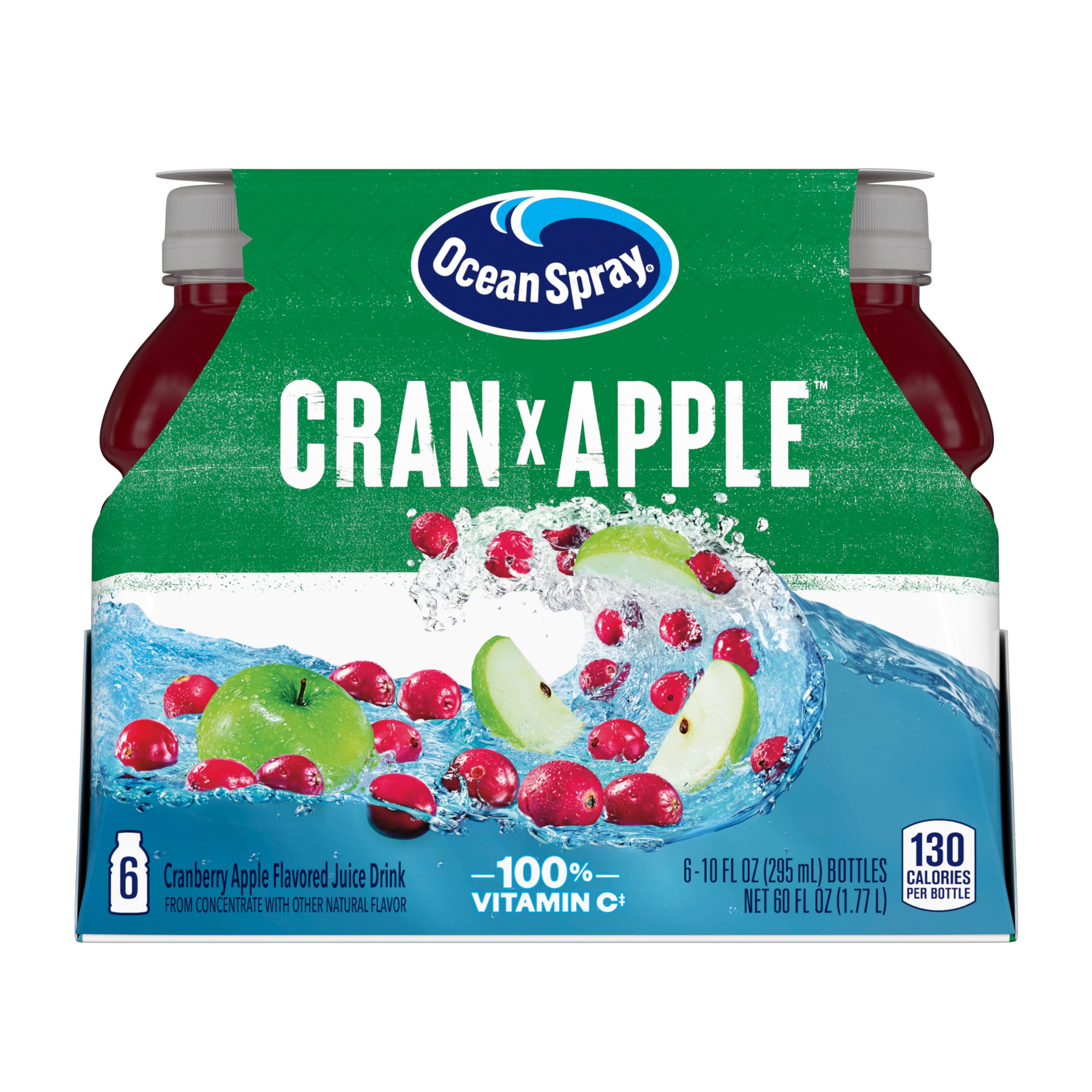 Ocean Spray Cran-Apple juice bottle on a kitchen shelf, convenient six-pack for family drinks.
