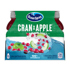 Ocean Spray Cran-Apple juice bottle on a kitchen shelf, convenient six-pack for family drinks.