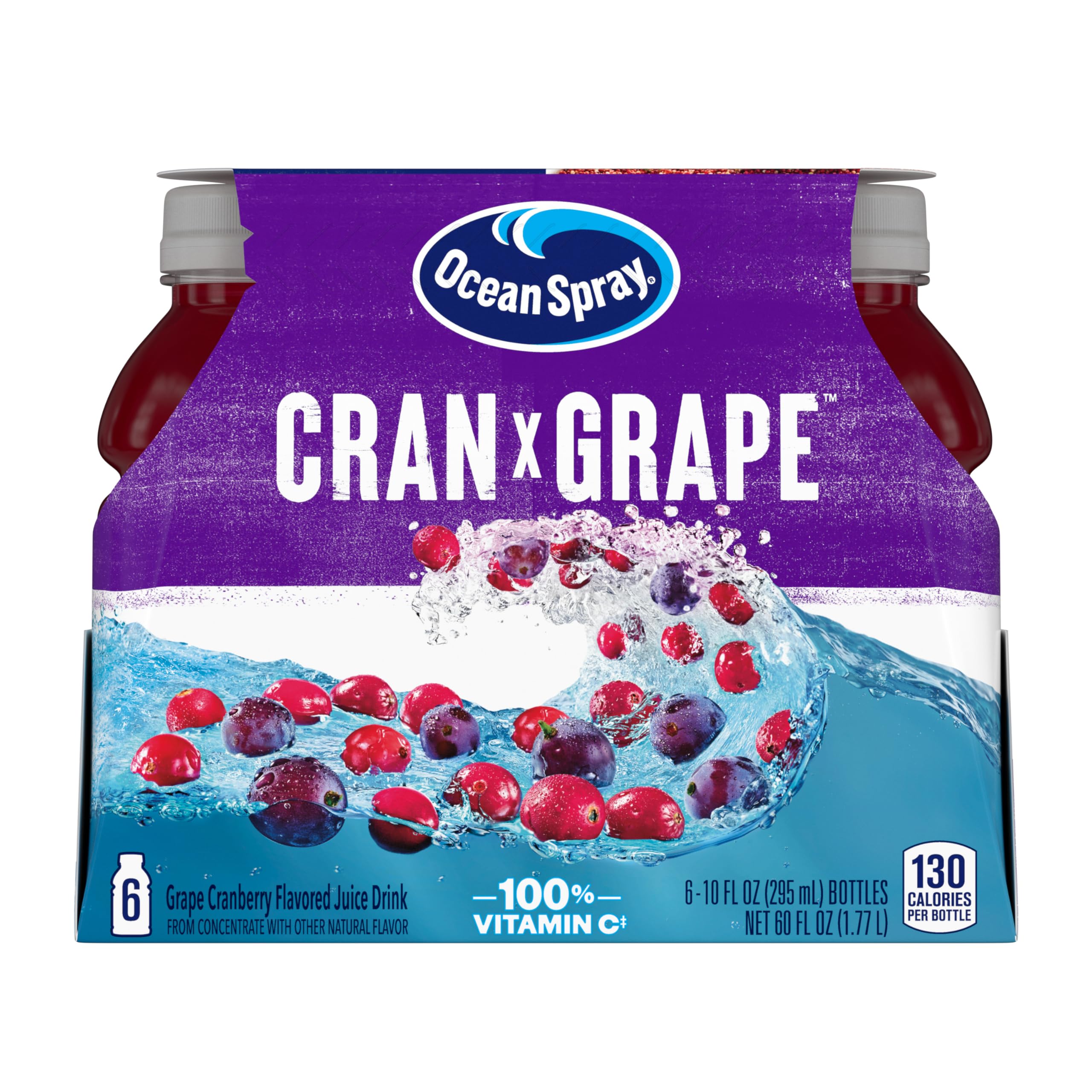 Ocean Spray Cran-Grape bottle front shows bold flavor for on-the-go refreshment.