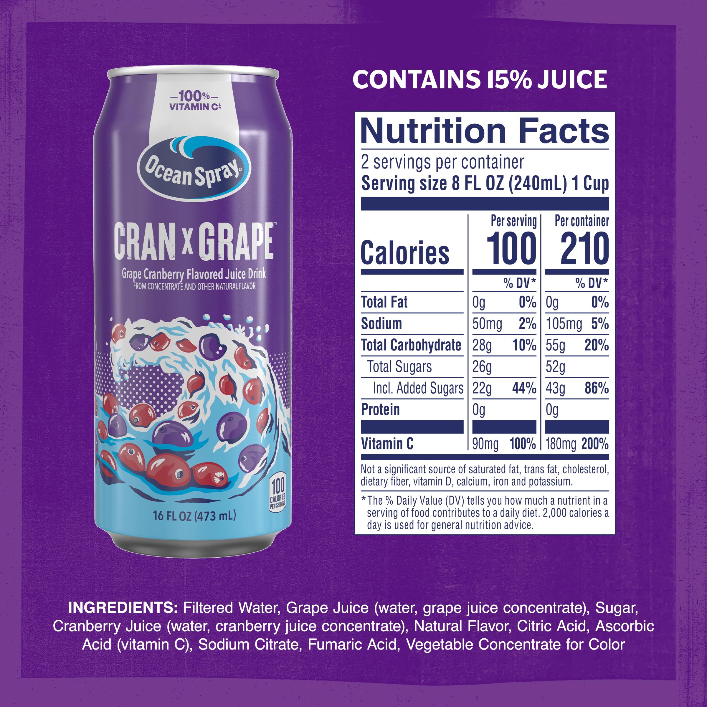 Ocean Spray Cran-Grape being poured into a glass for a bold, on-the-go sip.