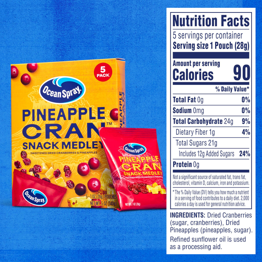 Ocean Spray Pineapple Cran Snack Medley five-pack layout, perfect for quick lunches.
