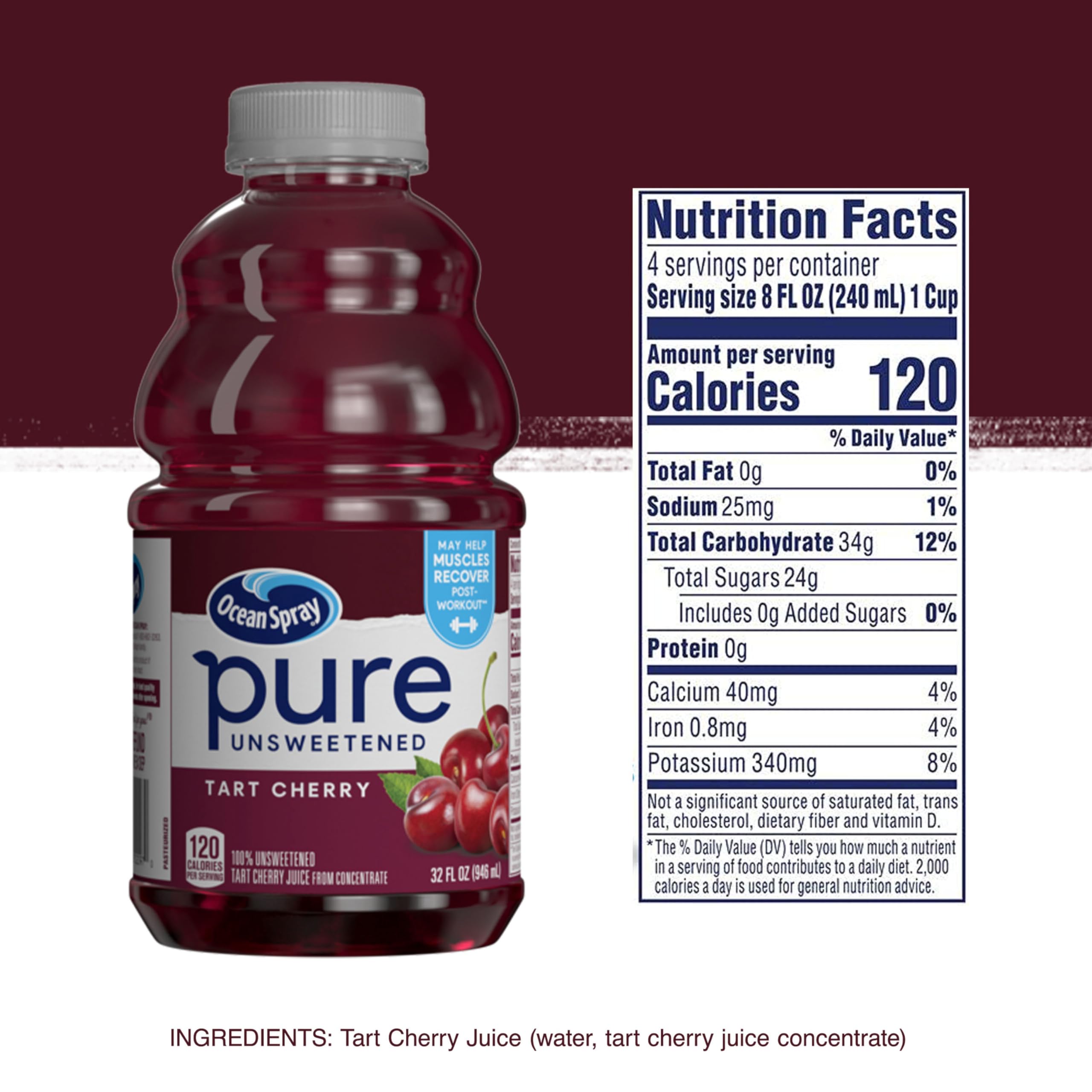 Ocean Spray Tart Cherry juice pour highlights no added sugar and natural juice