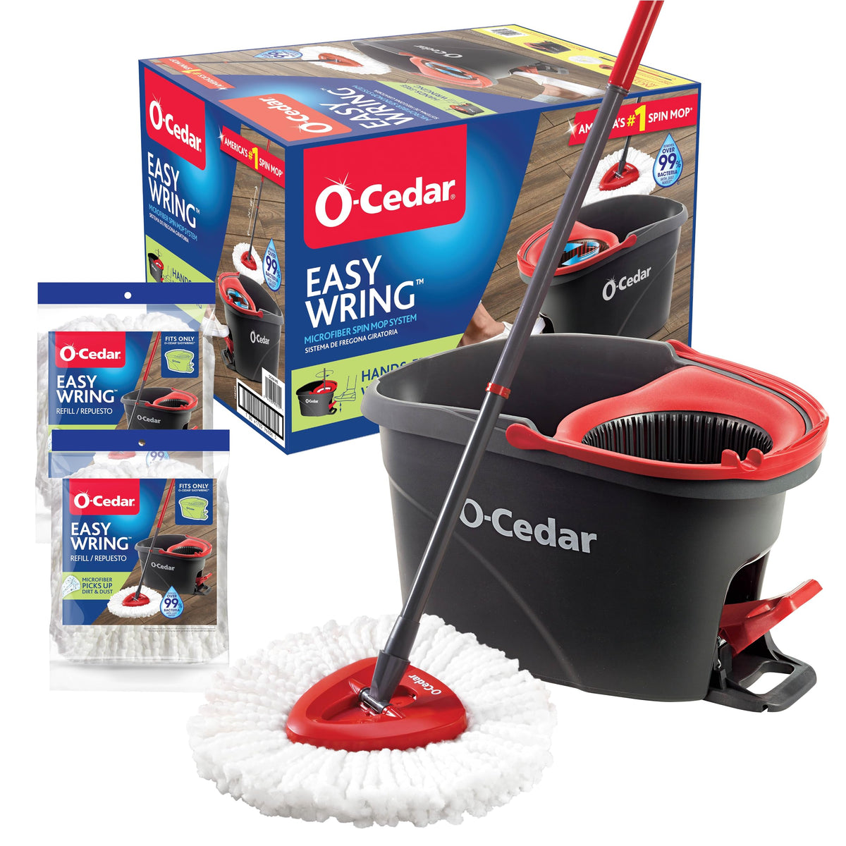 O-Cedar EasyWring mop-bucket system enables hands-free wringing for mess-free cleaning.