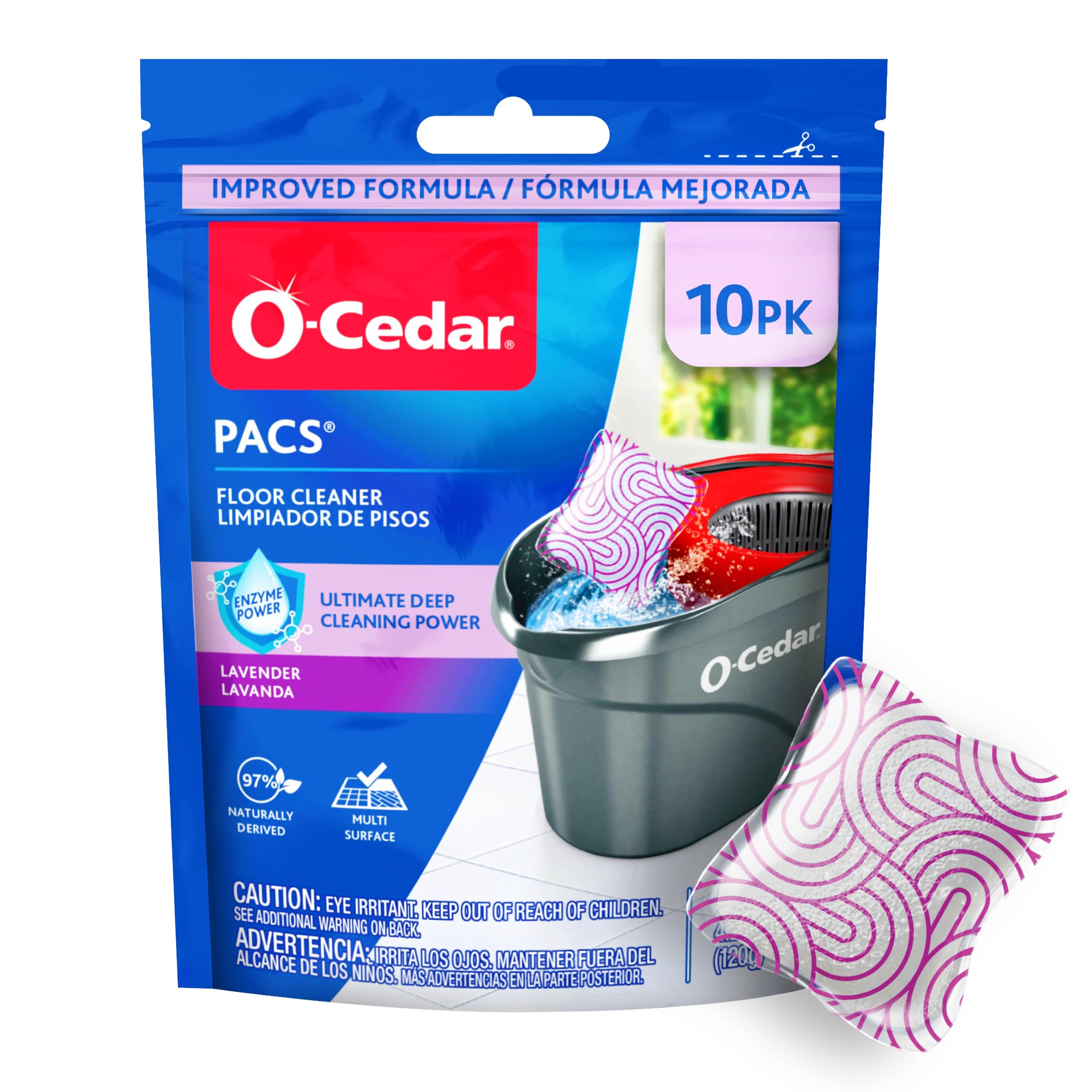 O-Cedar PACS Lavender pod dissolving in water for quick, thorough floor cleaning.