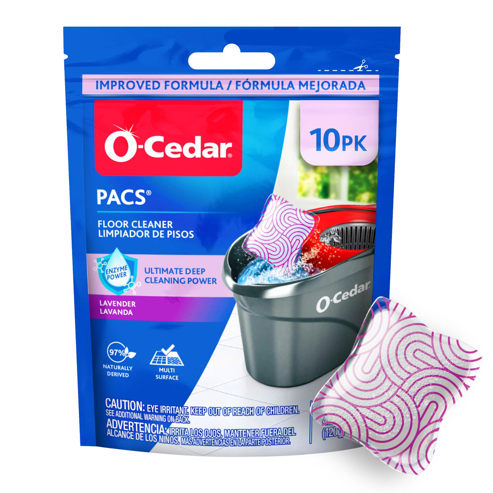 O-Cedar PACS Lavender pod dissolving in water for quick, thorough floor cleaning.