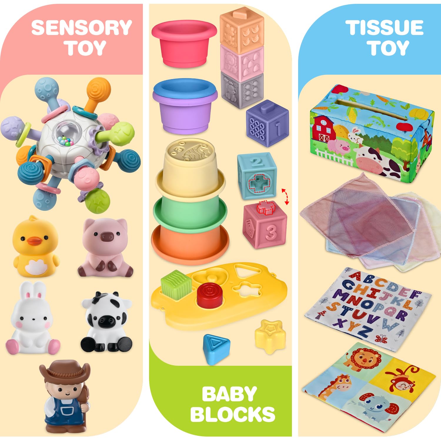 OCHIDO colorful blocks and cups to boost color and shape recognition and coordination.