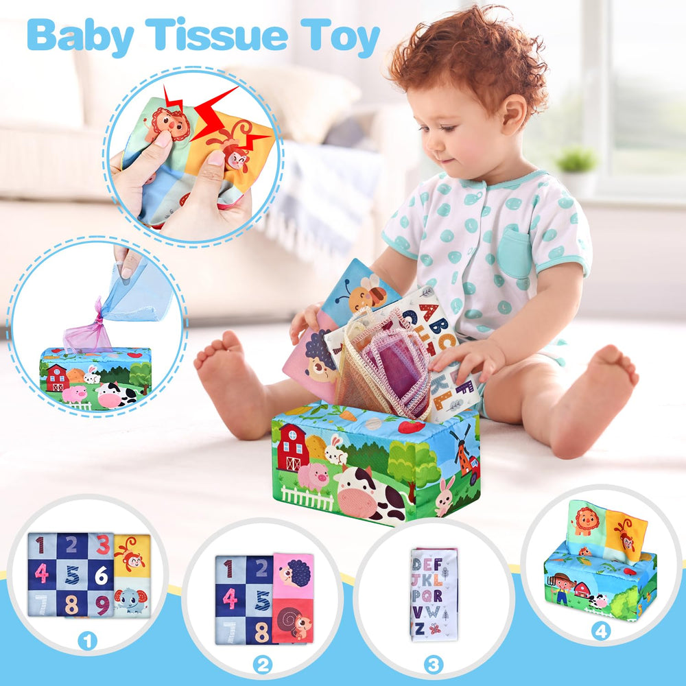 OCHIDO tissue box toy featuring crinkle paper and scarves for sensory curiosity.